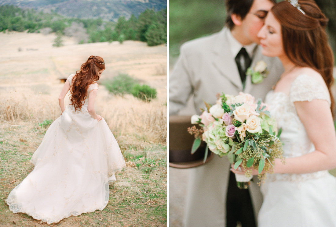 bride walking in meadow, groom kissing bride holding bouquet 