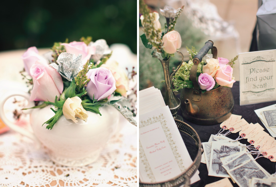 floral decorating using paper flowers in a tea pot, floral in a tin tea pot
