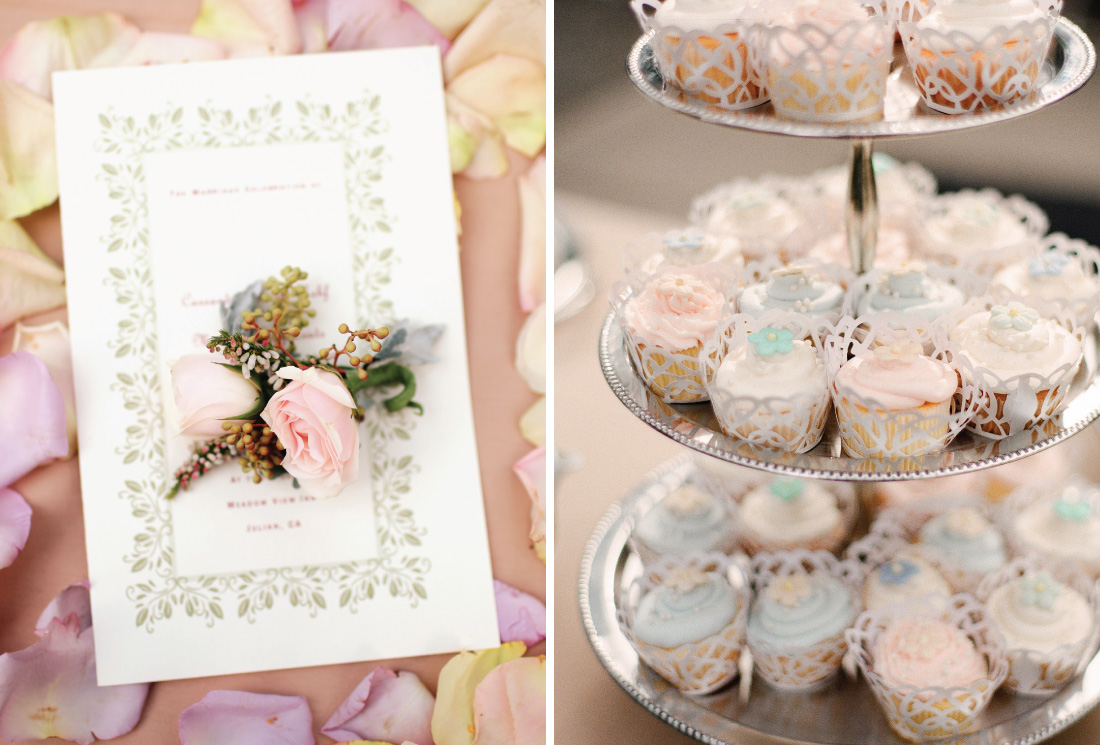 rose boutounniere, pastel color cupcakes on tiers