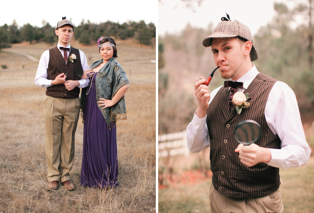 literary theme inspired wedding party outfits, groomsman wearing outfit from "Sherlock Holmes", brides maid wearing outfit from the Great Gasty