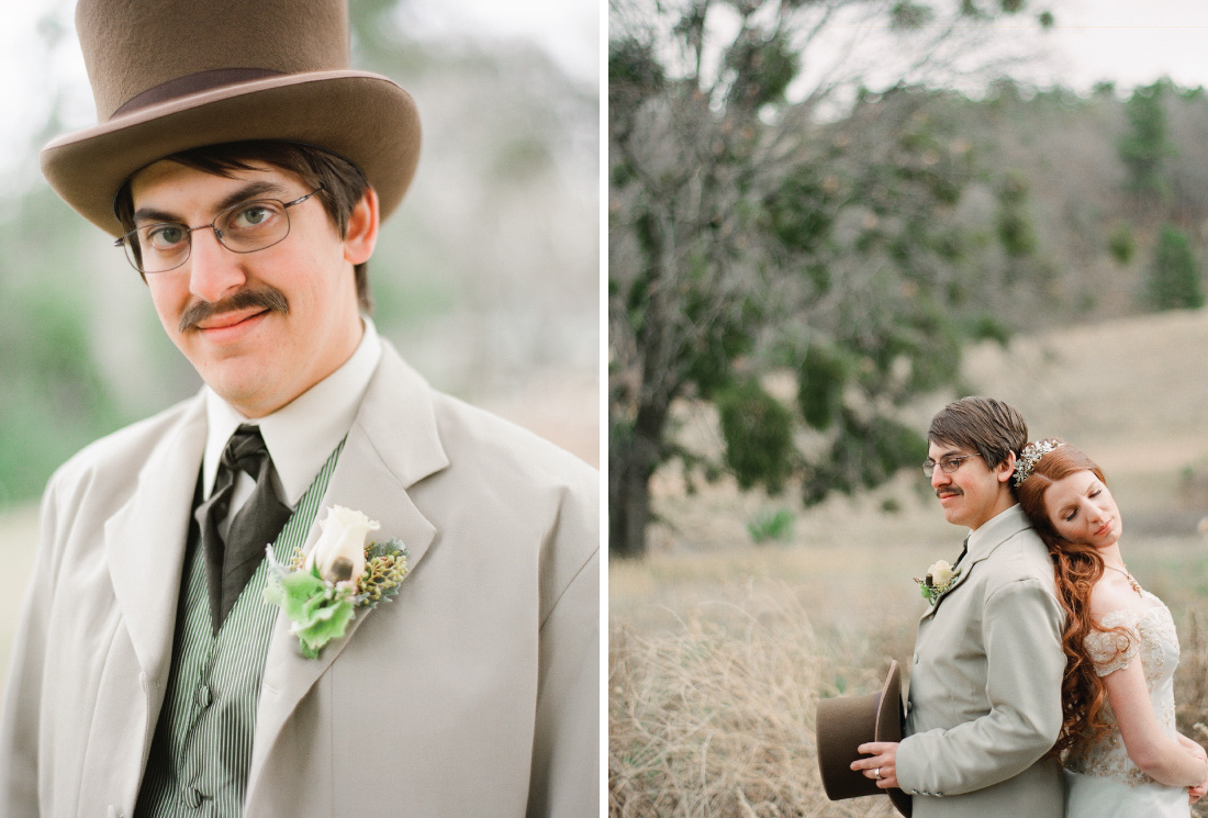 groom portrait, alice in wonderland, mad hatter, bride and groom portrait in an open meadow